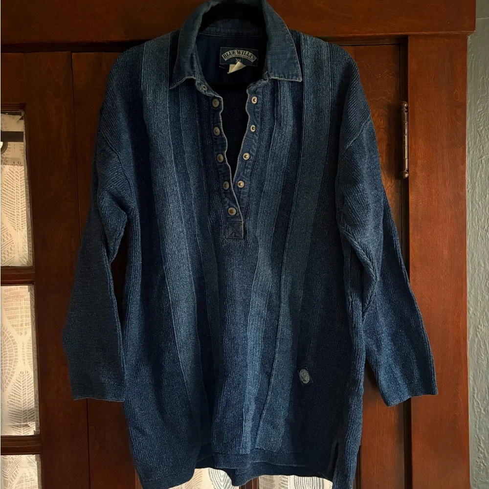 VTG Blue Willi's Heavyweight Pure Indigo Cotton Pullover Henley Sweater